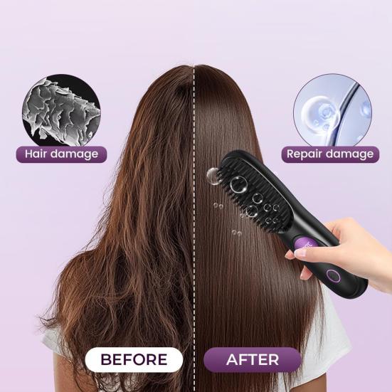 Cordless Hair Straightener Brush with 3 Temperature Settings Portable Mini Hair Comb LED Display USB Rechargeable Fast Heating Electric Hot Brush
