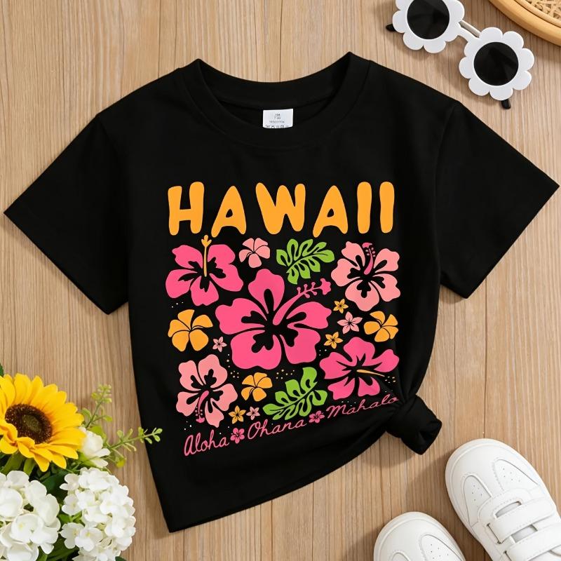 Girls Crew Neck Short Sleeve T-Shirt with Colorful Floral Print