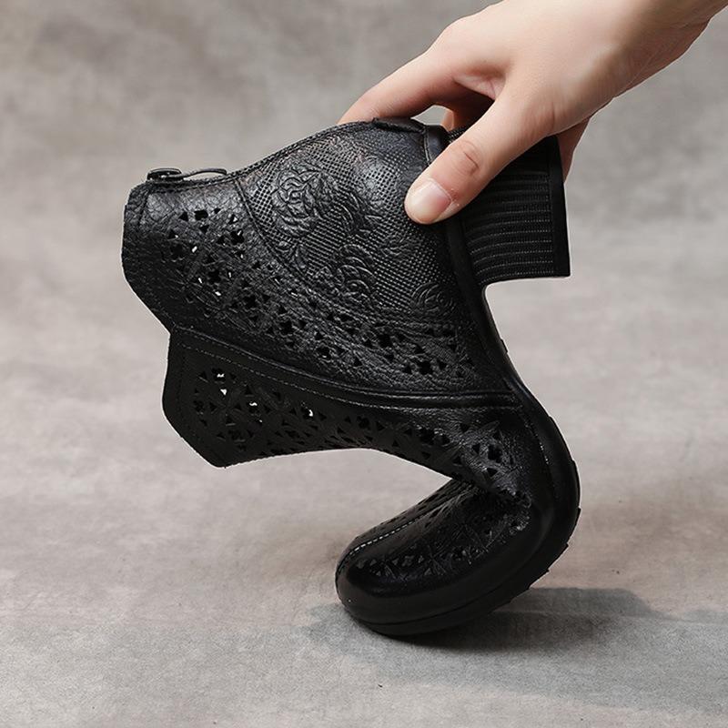 Women's Sandals Leather Retro Hollow Hole Shoes High Heel Thick Heel High Top Fashion Cool Boots Women's Spring and Summer New