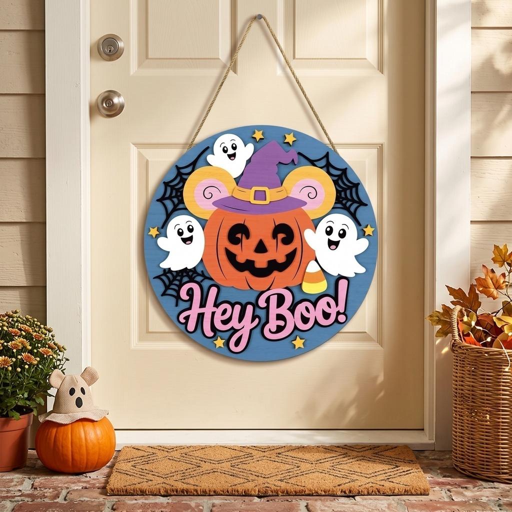 and Pumpkin Round Wooden Hanging Ornament for Halloween Wall Decor and Front Door Welcome Sign