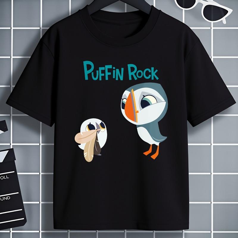 Schattig Puffin Rock Vogel Karakter Print Kinder T-shirt met Ronde Hals en Korte Mouwen