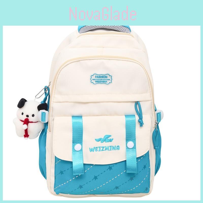 Color Blocked Letter Embroidery Student Backpack With Plush Pendant For Daily Use