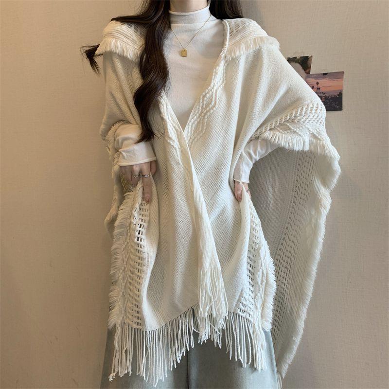 Ethnic Knitted Tassel Hooded Cape Shawl - Women's Autumn/Winter Outerwear for Travel Photography