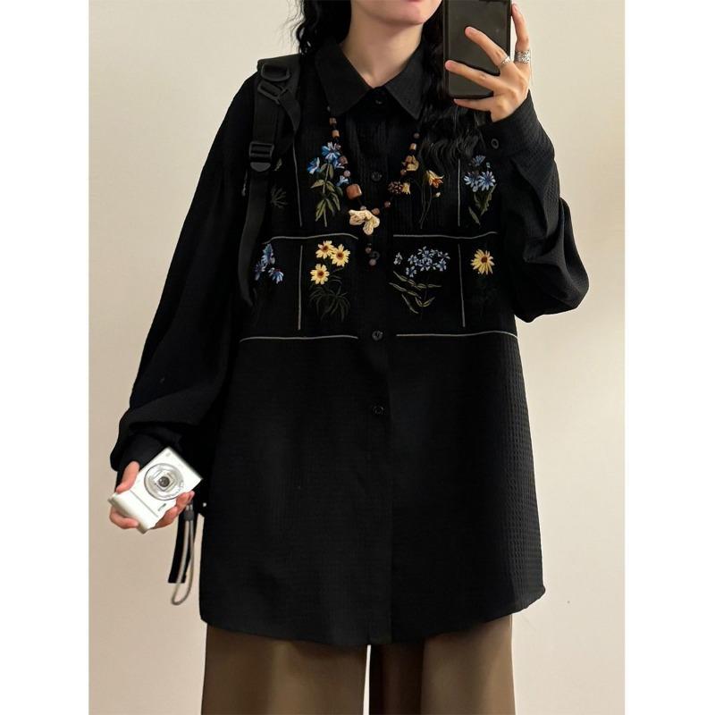 Früher Herbst Japanisch Retro Locker und Vielseitig Floral Bestickt Wfle Lässiges Langarmhemd und Oberteil
