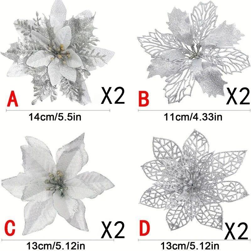 

8 шт. Рождественские искусственные цветы с клипсой Рождественские украшения для елки для домашнего декора Новогодние DIY Рождественский венок Ремесленные аксессуары 8Pcs серебряный