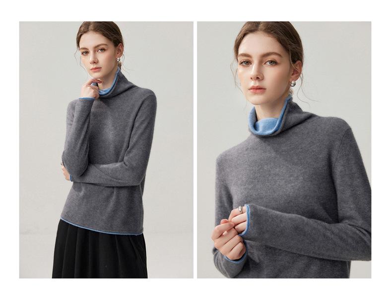 2026 A/W Stacked Collar Color Block Two-Piece Look Cashmere Women’s Pullover Long Sleeve Knit Sweater