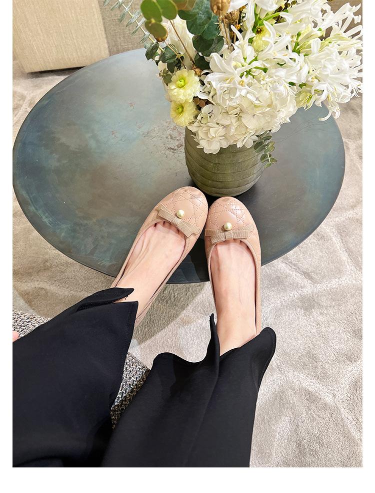 Schafsleder Französische Schleife Echtleder Mary Jane Schuhe Damen Flachmünder Einzelne Schuhe Perlen Ballerinas Weichsohlige Damenschuhe