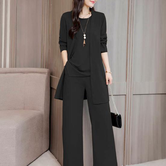 3Pcs/Set O-neck Sleeveless Lady Outfit Irregular Hem Elastic Waistband Pockets Vest Top Wide Leg Pants Mid-length Coat Set