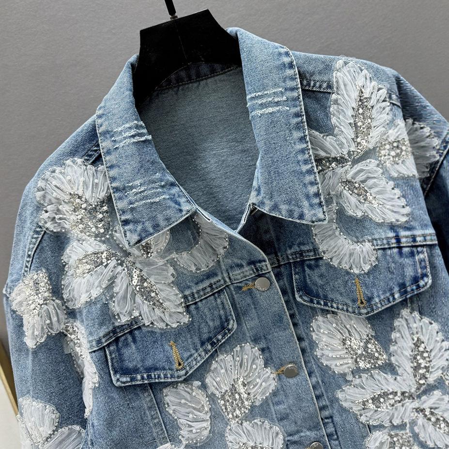European Station Spring New Heavy Industry Beaded Denim Jacket Women's Loose and Thin Sequined Long-sleeved Top Trendy Brand