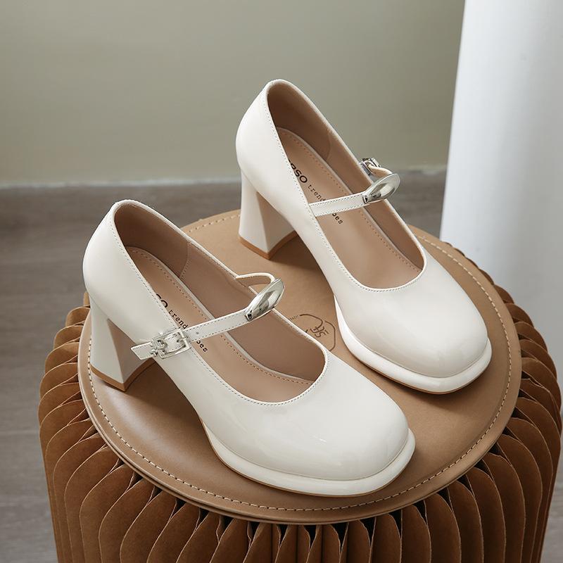 

Leather Mary Jane shoes single shoes high heels women s 2025 new one-word thick heel women s shoes temperament light mouth small leather shoes 34