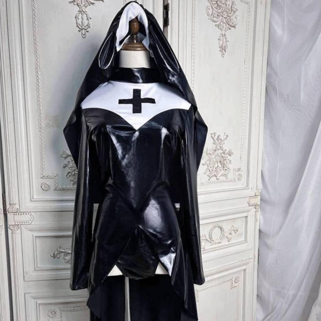 Gotisch Nonnenkostuum PU Leerlook Verleidelijke Outfit Hoge Uitsnijding Ontwerp voor Dames