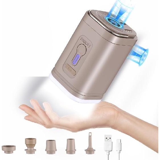 Electric Air Pump for Inflatables, Portable Mini Vacuum Pump with 5 Nozzles and 3 Camping Light for Sleep Pads, Blow Up Pool Raft Bed Boat Toys,