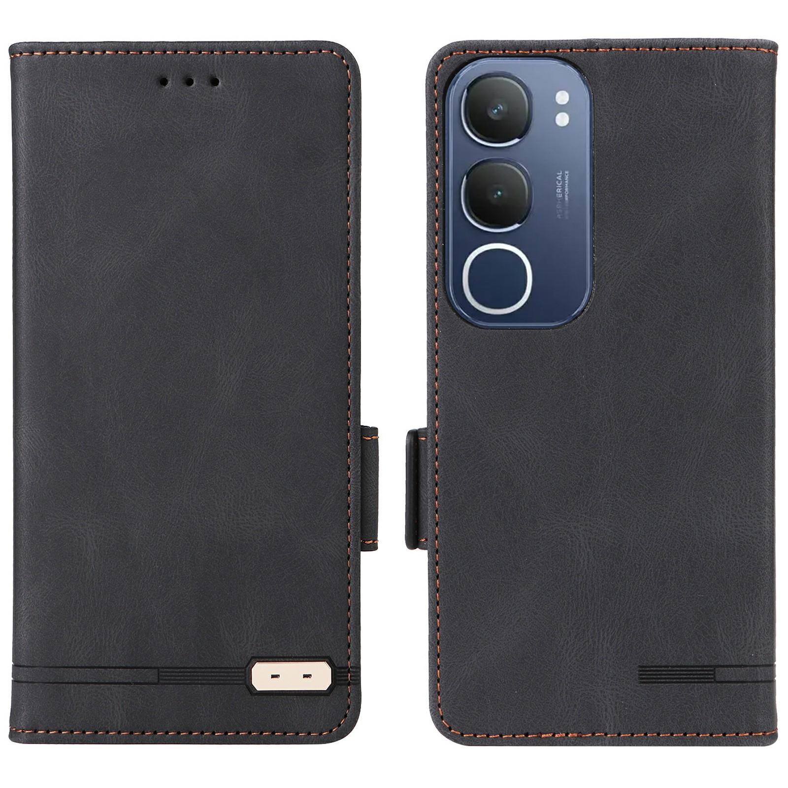 

For vivo Y19s 4G Case Leather Wallet Flip Phone Cover with Hardware Decor Black