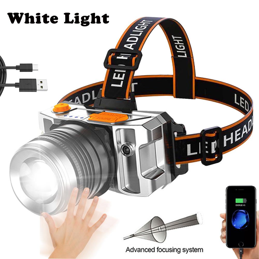 4 In 1 Adjustable Focus LED Headlight Red+Green+Blue+White Zoomable Fishing Front Head Flashlight Torch USB Red Warning Light