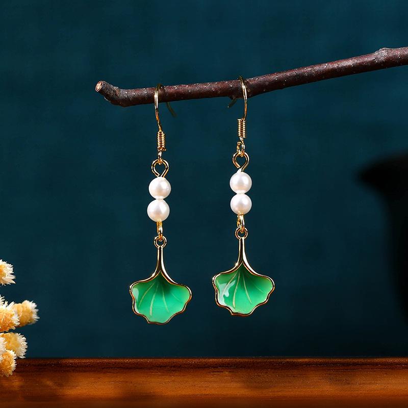 Chinese Style Ginkgo Leaf & Pearl Enamel Earrings - 925 Sterling Silver Gold Plated