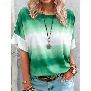 Women Casual Loose Short Sleeve T-Shirt Vintage Watercolor Gradient Striped Round Neck Soft Daily Basic Pullover Top