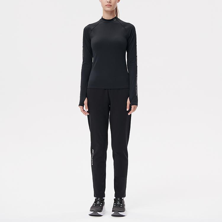 Fila Athletics Side Stripe Half High Neck Printed Sports Casual Tight Knit Long Sleeve Raglan T-Shirt Women Tops Deep-Black A11W141201F-BK