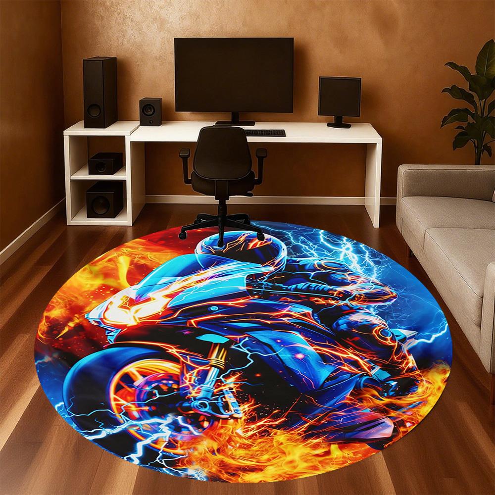 1PC Motorcycle Fire Round Chair mat Area Rug - Non-Slip, Floor Mat for Office, Bedroom, and Indoor Decor -Gift D1127229