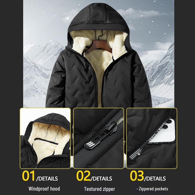 Herren-Lammwoll-Jacke mit Stehkragen und Kapuzenweste mit Fleece-Futter für mittlere und ältere Menschen