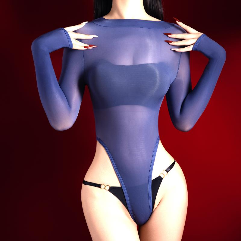 Women Sexy Bodysuit High-Fork Oil Shiny Glossy Five-Finger Swimsuit Ultra-Thin Silky Open Crotch Long-Sleeved Bodysuits