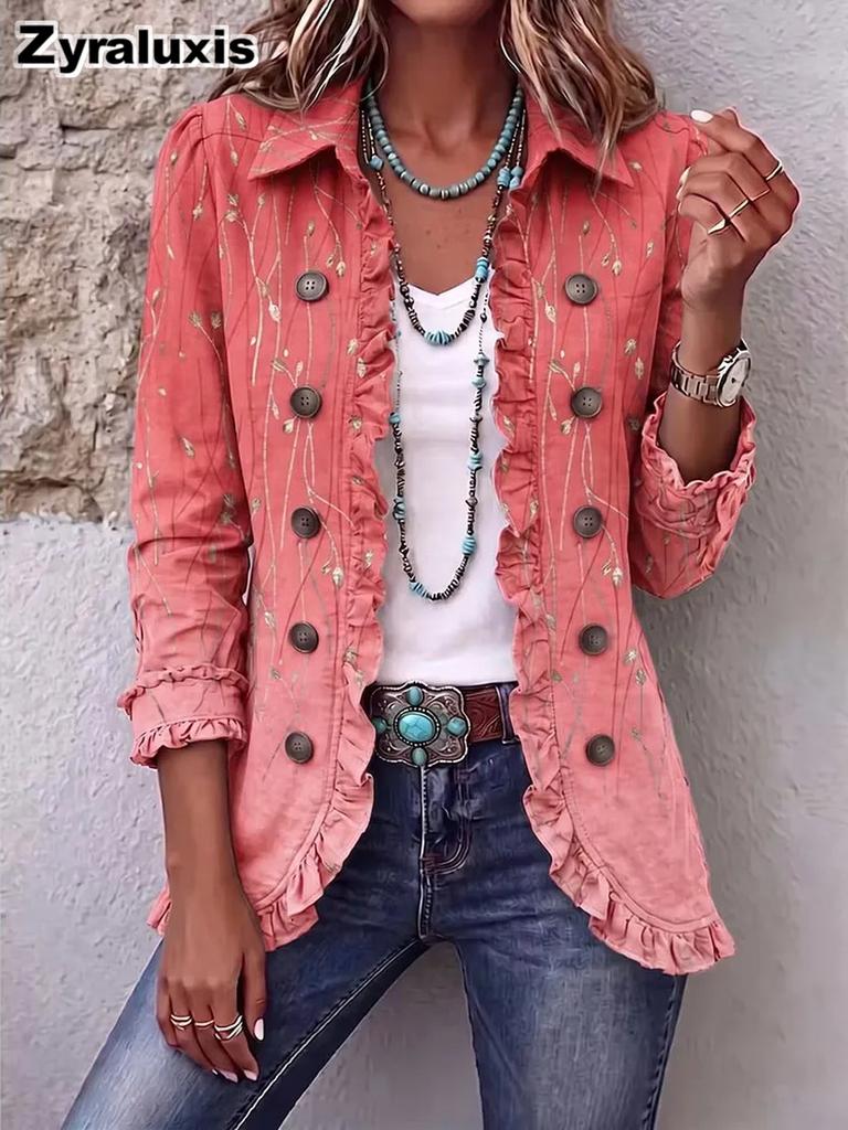 Giacca Ricamata Bohemienne Donna Autunno Cardigan Arricciato Stampa Floreale Larga Casual Manica Lunga