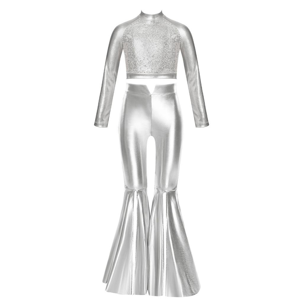 Girls Long Sleeve Sequin Metallic Crop Top Split Bell Bottom Shiny Pants Dance Performance Outfit