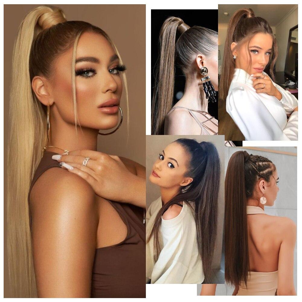 MERISIHAIR Women Long Straight Hairpiece Synthetic Fiber Long Straight Wavy Daily Wear Black Blonde Hair Extension Ponytail