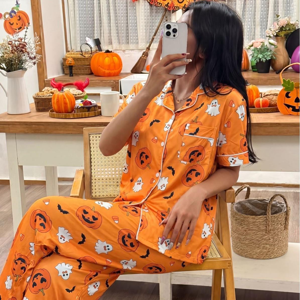 Damen Halloween Pyjama Set Kurzarmshirt Lange Hose Kürbis Geist Aufdruck Revers Nachtwäsche Hausanzug Outfit M gelb