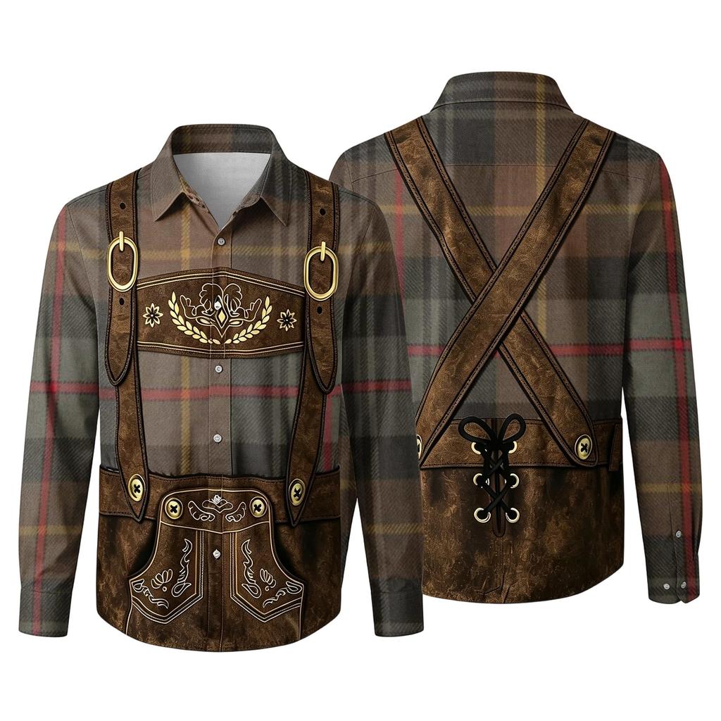 Herren Langarmhemd mit 3D-Druck Karomuster Klassischer Kragen Lockerer Schnitt Vintage-Stil für Festivals Partys und Outdoor-Aktivitäten