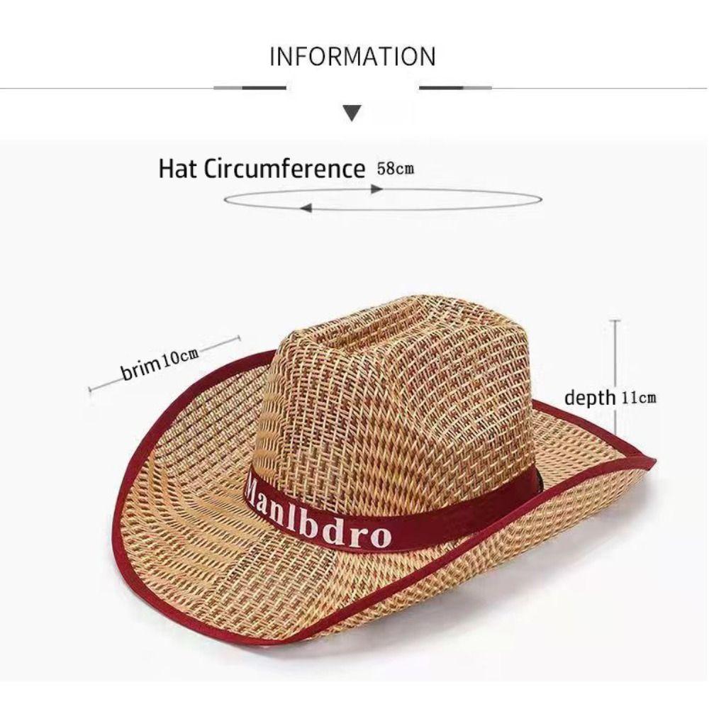 Western Cowboy Style Men Straw Hat Wide Brim Beach Hat Sun Protection Hat  for Outdoor Activities