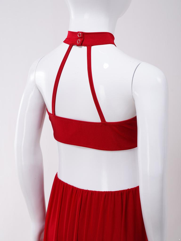 Girls Shiny Sequins Halter Sleeveless Backless Skirted Jumpsuit Latin Dance Performance Costume