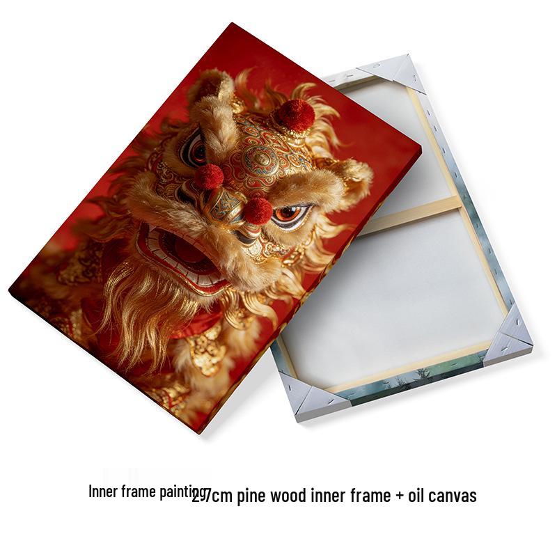Chinese Festival Lion Dance Decorative Wall Art: Oil Canvas Mural