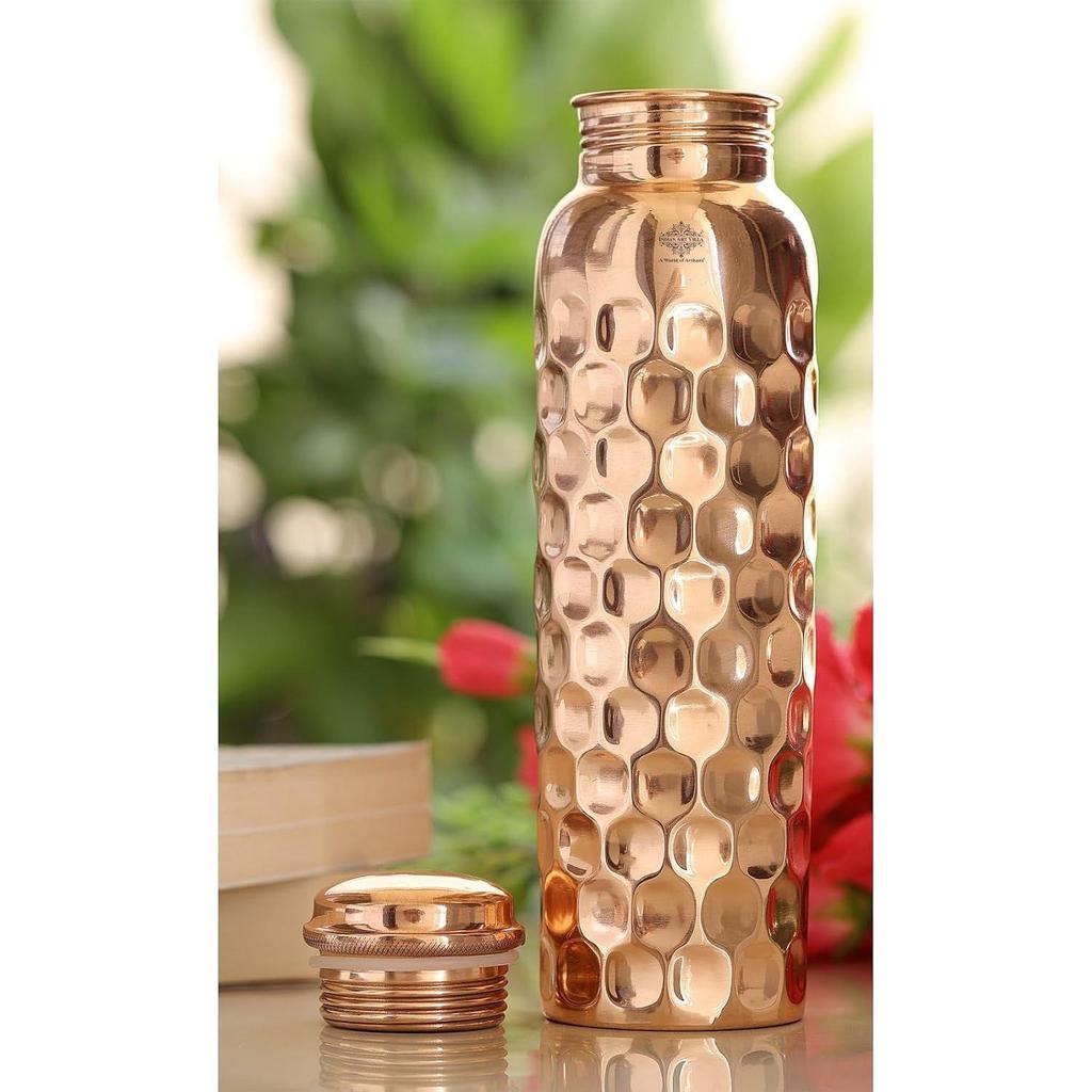 Copper Water Bottle – 1000 ML, Mirror Shine Finish, Lacquer Coated Diamond Design, Ayurvedic Pure Copper Bottle Set of 1