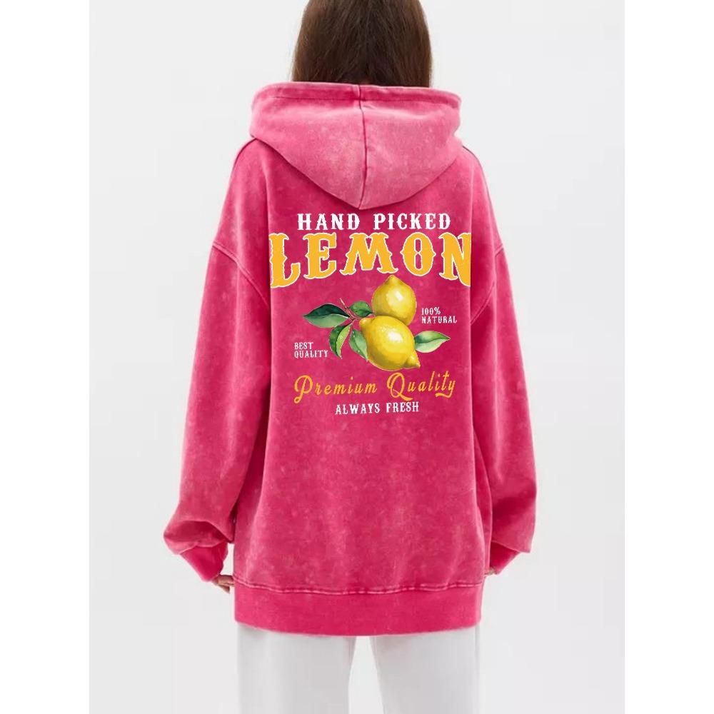 Autumn Womens Washed Hoodies Hand Picked Lemon Always Fresh Prints Streetwears Warm Oversize Cotton Hooded Clothes
