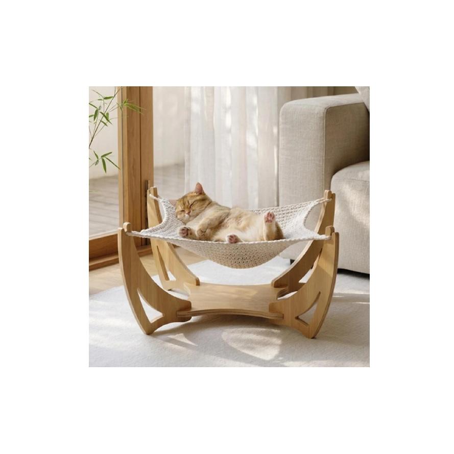 Woven Feline Sling Bed Handwoven Wooden Feline Sling Pet Furniture Freestanding Airy Design
