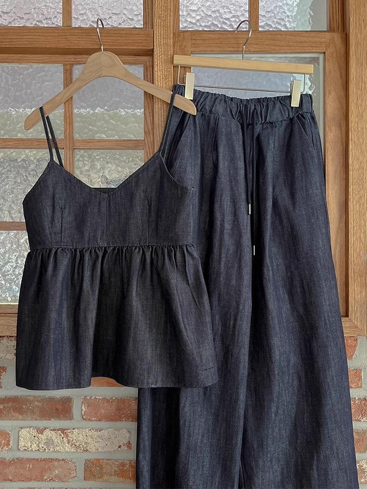 

Южная Корея шикарные летние ретро темпераментные джинсовые брюки на бретельках с v-образным вырезом + повседневные брюки с высокой талией и широкими штанинами, комплект брюк для женщин S