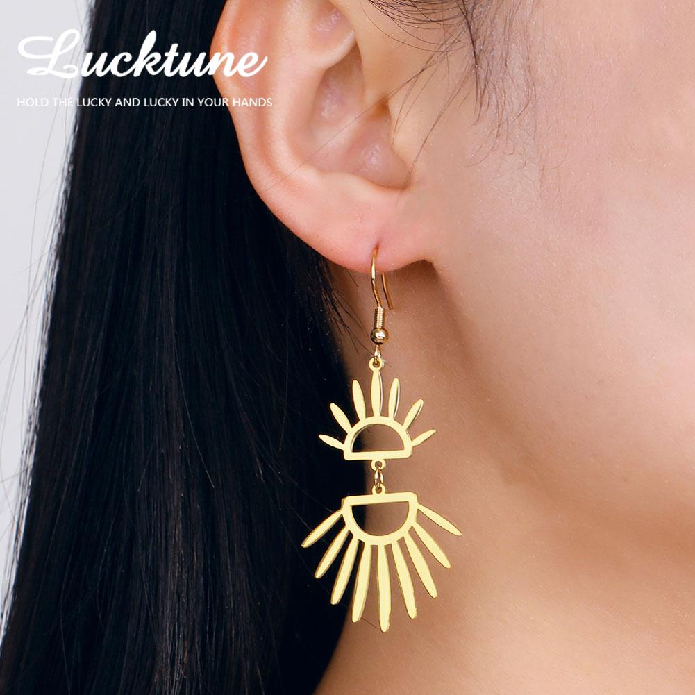 Lucktune Hollow Wing Fan-shaped Drop Earrings Stainless Steel Gold Color Geometry Sun Dangle Earrings for Women Jewelry Gifts