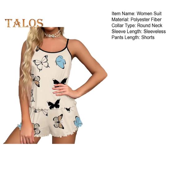2db/szett Lady Homewear felső rövidnadrág öltöny Butterfly Print Ujjatlan, hát nélküli mellény Rugalmas magas derekú rövidnadrág Camis Shorts Outfit Lady Summer