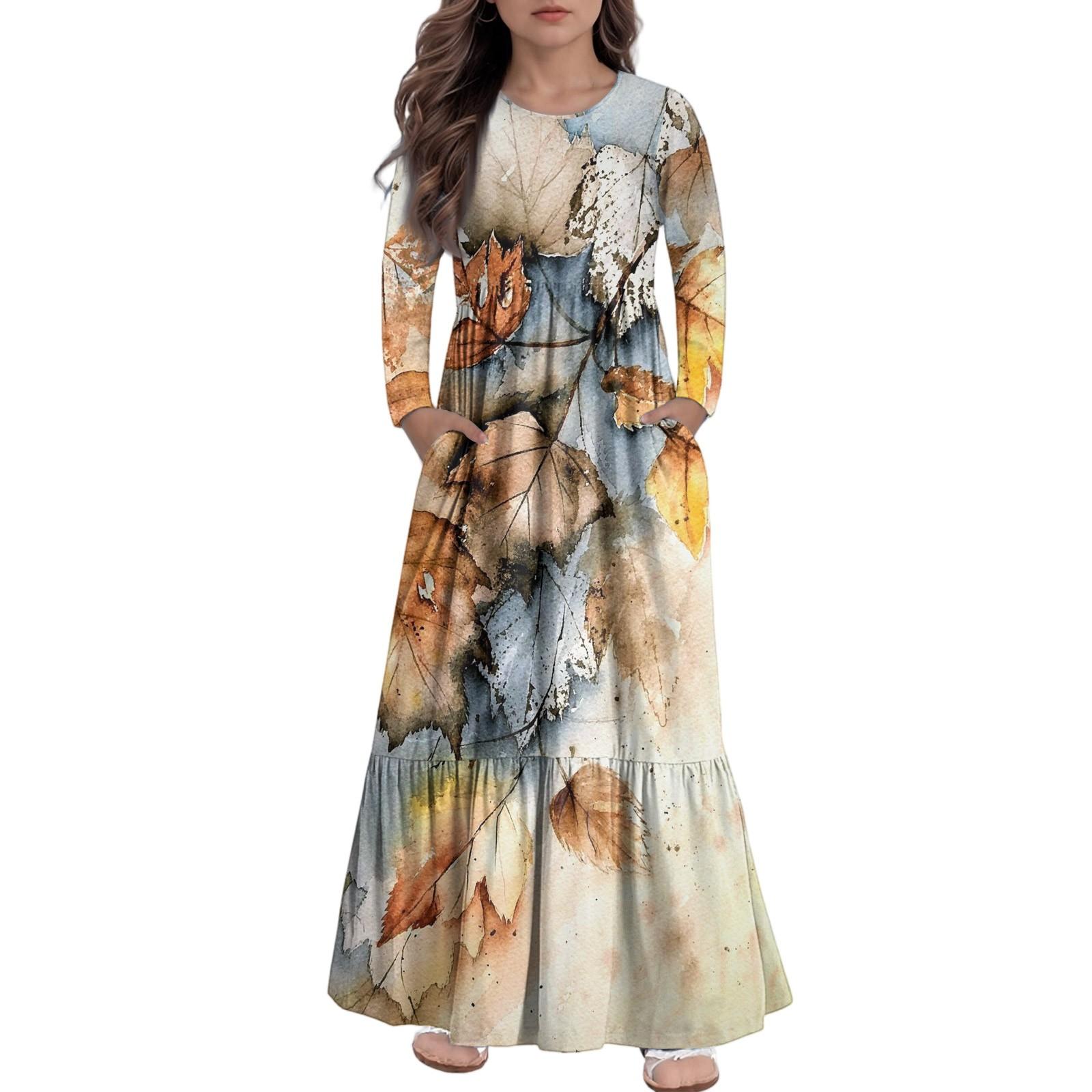 

Макси-платье для девочек, повседневные праздничные платья - платье с длинным рукавом и карманами для 4-14 лет 160 жёлтый