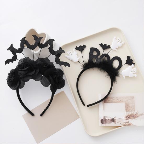 Photo Shoot Hairpiece Halloween Black Bat Headband for Women, Gothic Rose Boo Ghost Theme Party Headwear Hair Accessories Festive, Costume Accessory