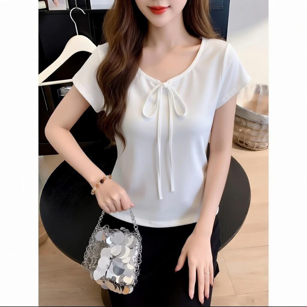 New Korean Version Summer Front Shoulder Short-sleeved T-shirt Student Waist Design Chic Short Top Women's Bottoming Shirt
