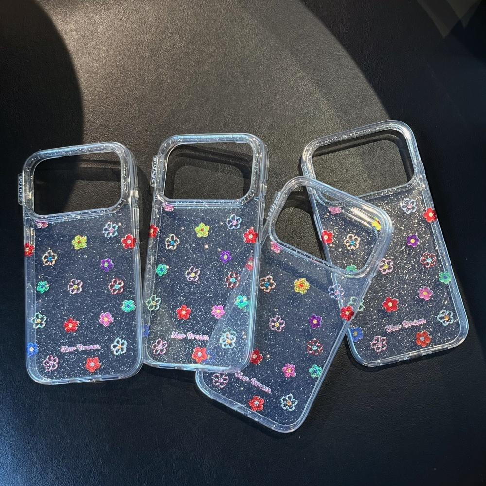 Korean ins style niche spring color flowers are suitable for Apple 17ProMax mobile phone case iphone15 new 16pro girl 17pro transparent fine flash
