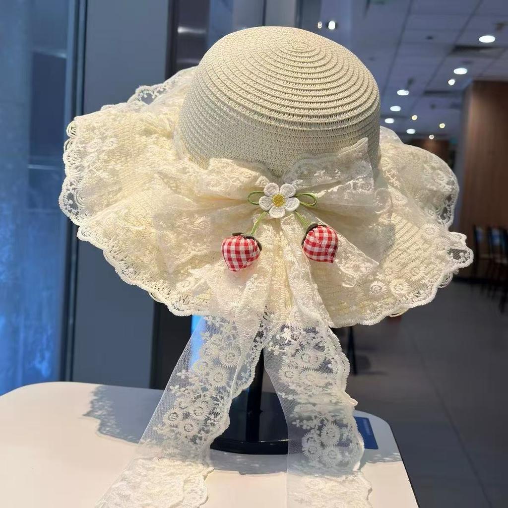 French Floral Lace Bow Straw Hat Women's Summer Seaside Beach Vacation Big Eaves Sunshade Sun Hat