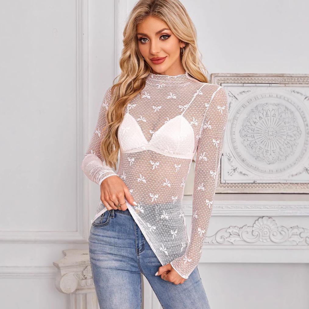 2025 European-American Slim Fit Long Sleeve Lace Bow Top