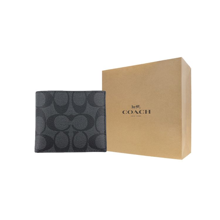 Coach Billfold Wallet 10 Compact Multi-Card Short Folded Canvas PVC Men Wallet Black Gray 66551-QBMI5