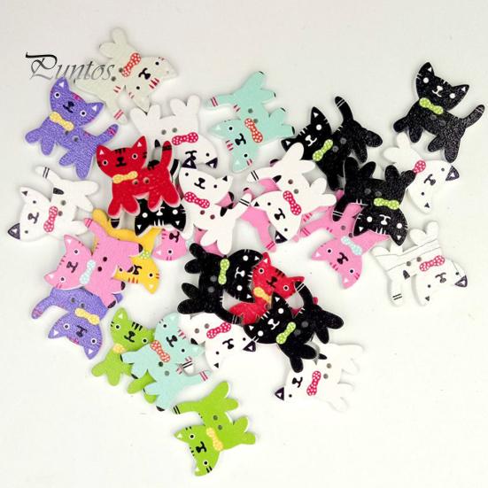 50 Stücke Gemischte Farbe Nette Katze Kätzchen 2 Löcher Holz Nähen Knöpfe Scrapbooking Dekor