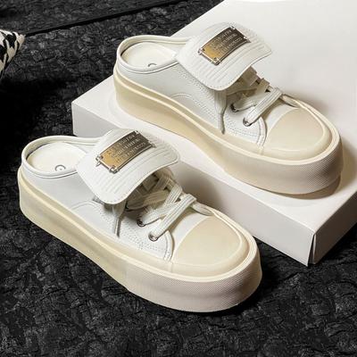 Zapatos casuales de plataforma suave, zapatos blancos, zapatillas de mujer con solapa, punta cerrada, cordones y media pantuflas