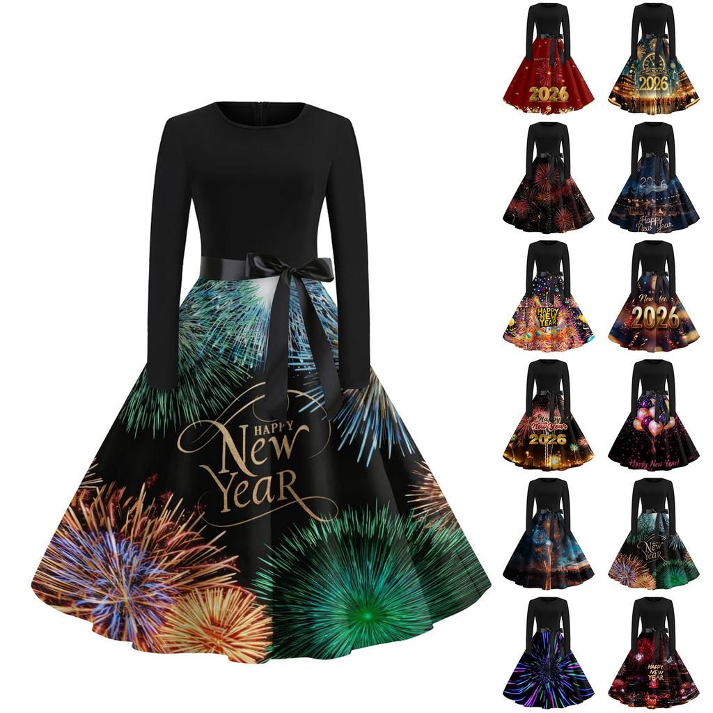 Women's Casual Fashion Round Neck Long Sleeve New Year Printed Retro Dress
