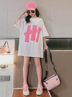 2023 Summer Girls' Short-Sleeve Stylish Medium-Length Loose T-Shirt Dress for Older Kids
