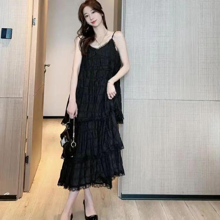 French super fairy V-neck mid-length slip cake dress women's new Korean version of the seaside resort beach dress